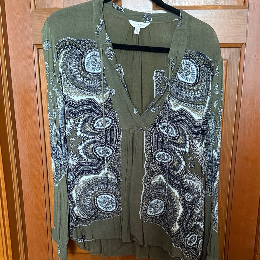 Lucky Brand Olive Paisley V-Neck Blouse
